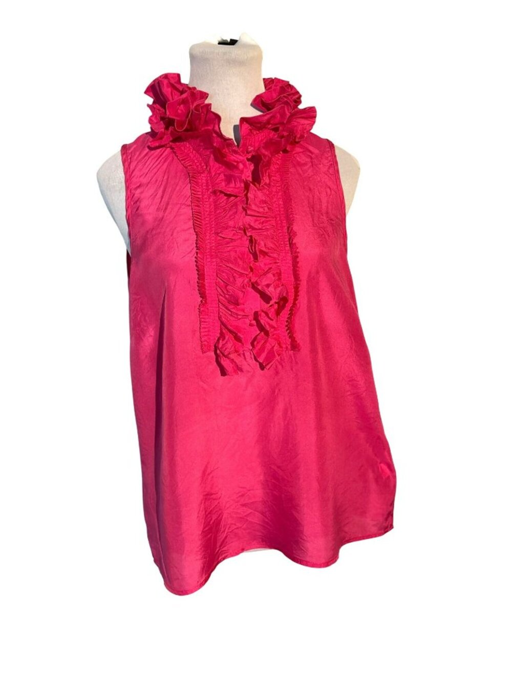 J. Crew Ruffle Neck Sleeveless Hot Pink Silk Blouse Size 10